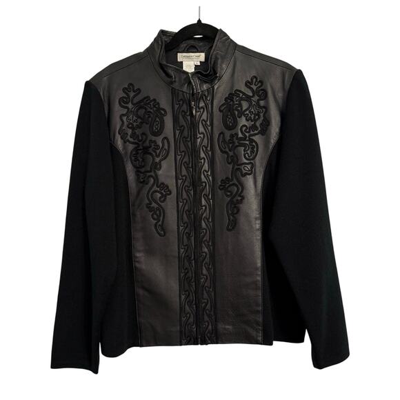 Coldwater Creek Women's L Vtg 90s Y2K Leather Wool Blend Embroidered Zip Jacket - Picture 1 of 9
